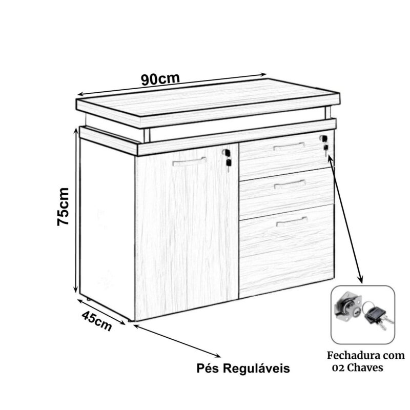 Mesa Escritório em “L” – 1,50×1,50m (Extensível) – com Armário Misto (03 Gav.) NOGAL/SEVILHA – 20603 JL CADEIRAS 3