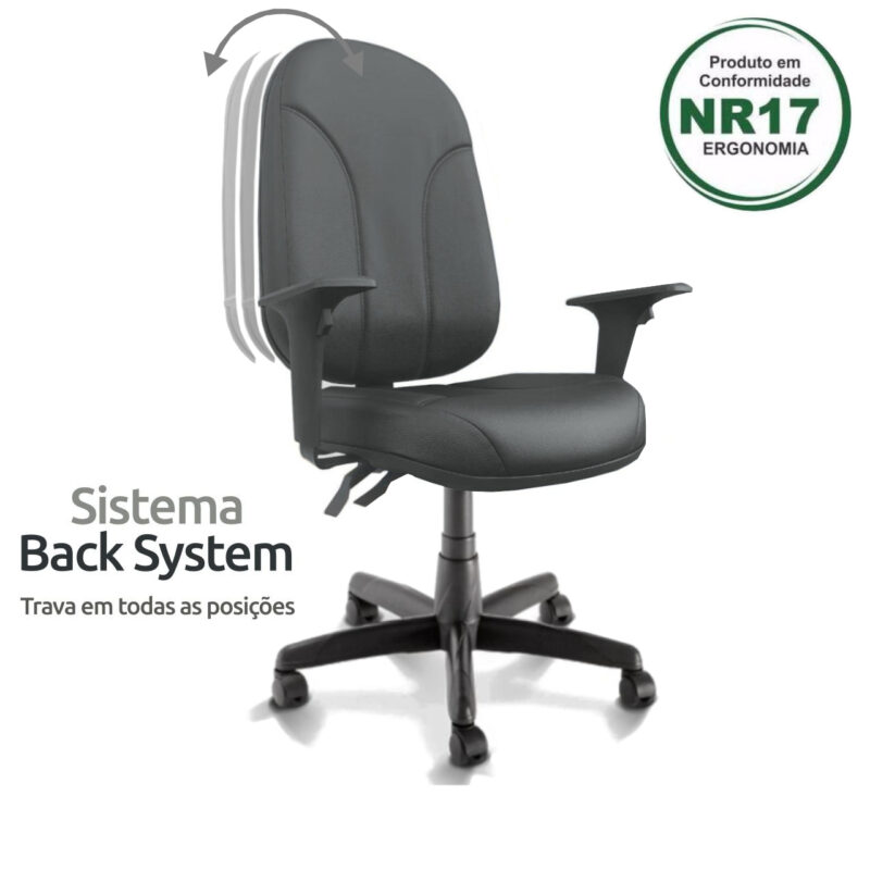 Cadeira Presidente PLUS BACK SYSTEM Baixa Costurada c/ Braços Reguláveis – Corino Preto 32974 JL CADEIRAS 2