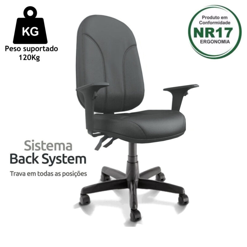 Cadeira Presidente PLUS BACK SYSTEM Baixa Costurada c/ Braços Reguláveis – Corino Preto 32974 JL CADEIRAS 3