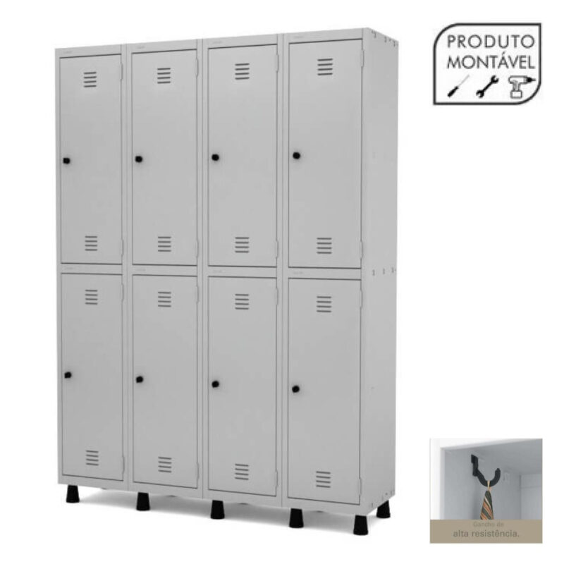 Armário Roupeiro de Aço c/ 08 PORTAS GRANDES – 1,93×1,38×0,40m – CZ/CZ – 10004 JL CADEIRAS