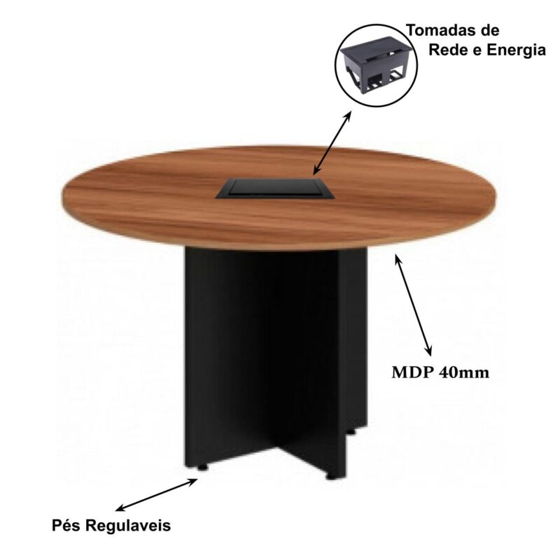 Mesa de Reunião Redonda c/ Caixa de Tomadas -1,10×1,10×0,74m – NOGAL SEVILHA / PRETO – 21418 JL CADEIRAS 2