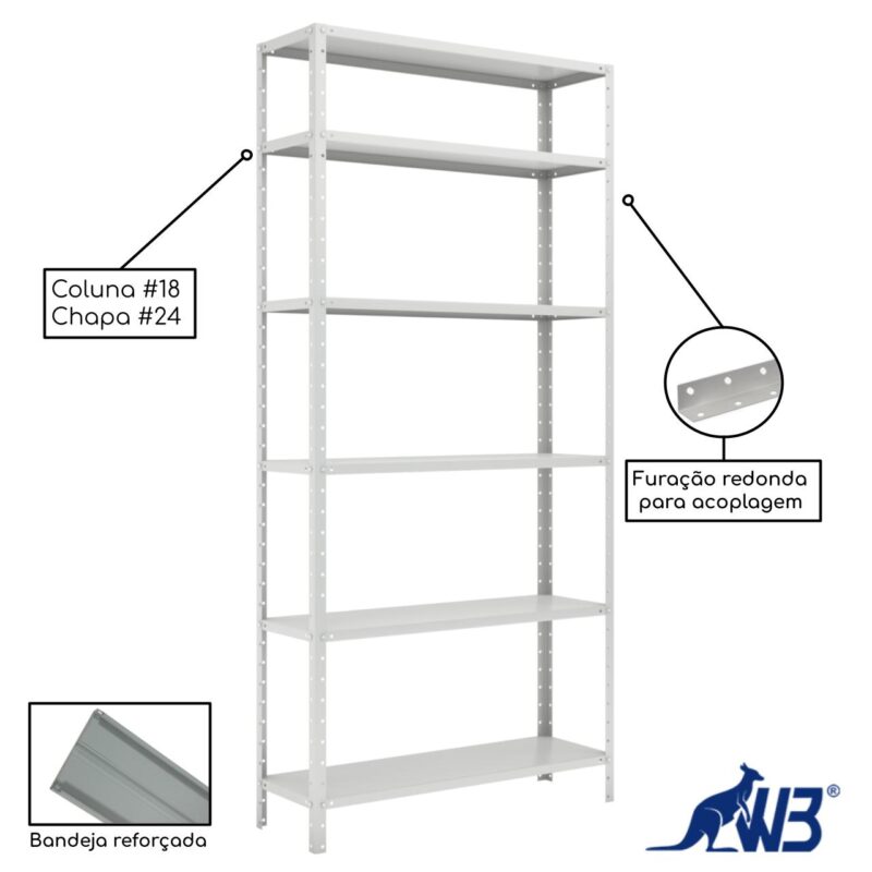 Estante de Aço com 06 Bandejas 30 cm (24/18) – 1,98×0,92×0,30m – Cinza – W3 – 16007 JL CADEIRAS 5