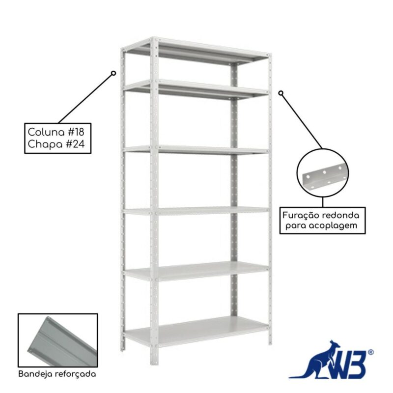 Estante de Aço com 06 Bandejas 42 cm (24/18) – 1,98×0,92×0,42m – W3 -16004 JL CADEIRAS 2