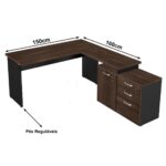 Mesa Escritório em “L” – 1,50×1,50m (Extensível) – com Armário Misto (03 Gav.) MARSALA/PRETO – 23482 JL CADEIRAS 8