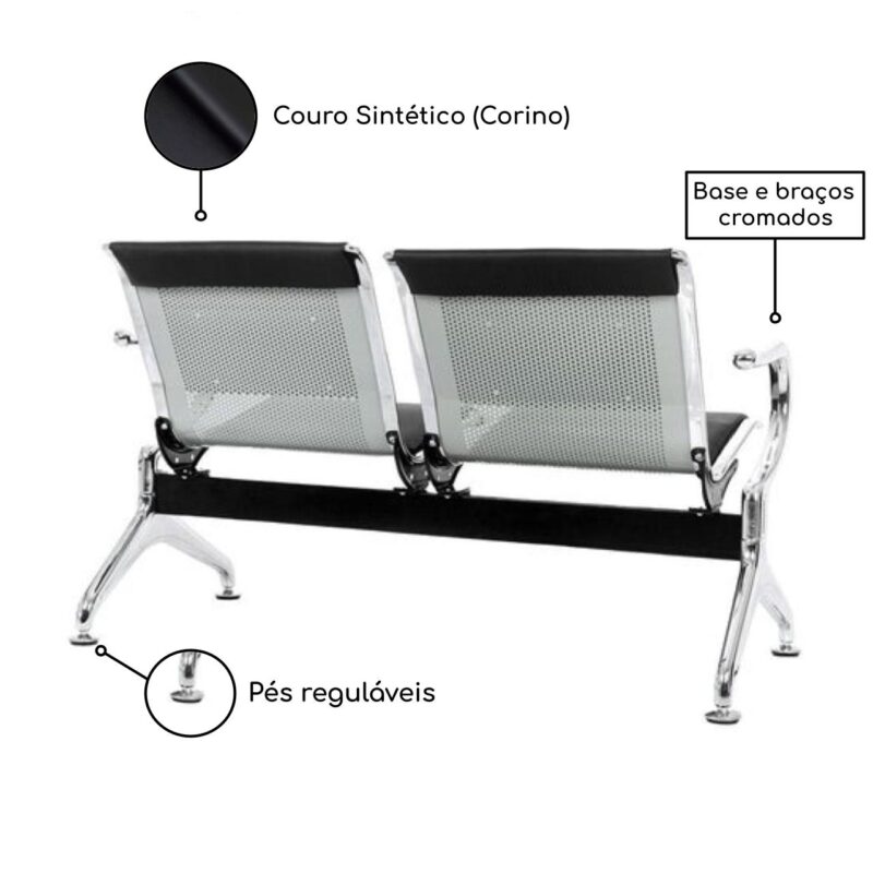 Longarina AEROPORTO ESTOFADA com 02 Lugares – Cor Cromada 33110 JL CADEIRAS 2