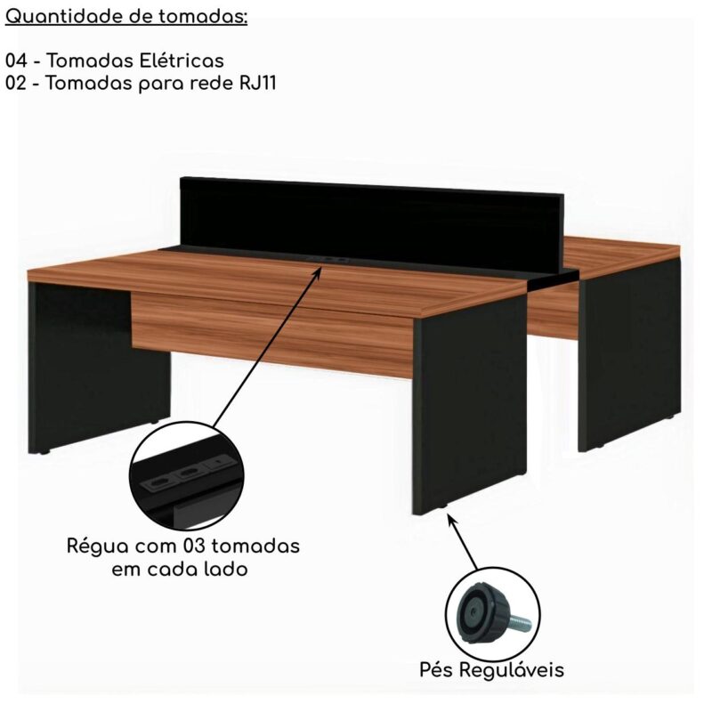 Estação de Trabalho Dupla 1,50×1,35m 02 Lugares s/ Gavetas c/ ponto de tomada Nogal Sevilha – 63087 JL CADEIRAS 3