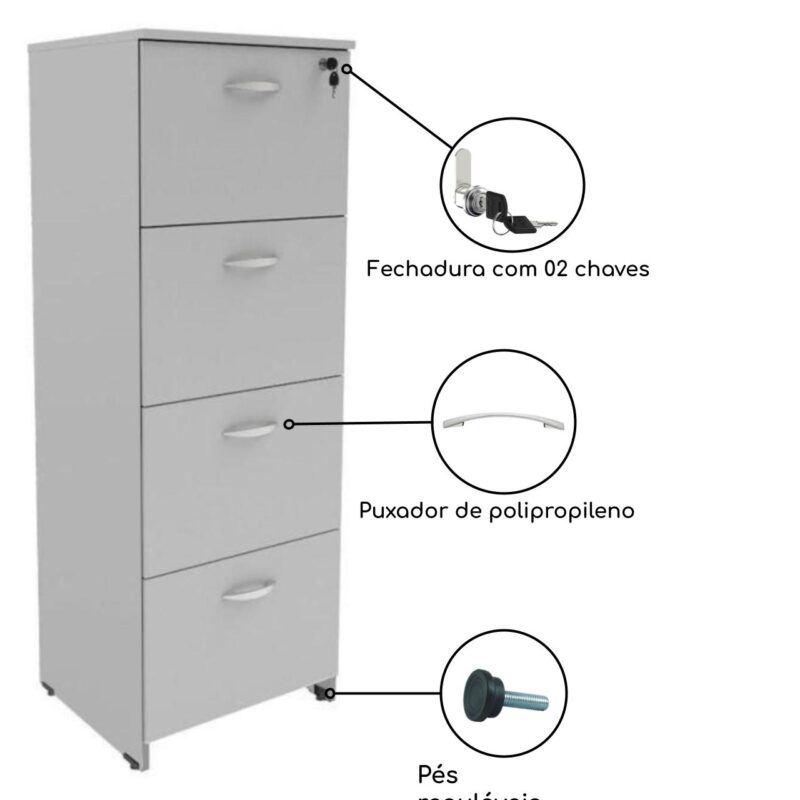 Arquivo 04 Gavetas Pasta Suspensa – MDP – 1,32×0,46×0,42m CINZA/CINZA – 21211 JL CADEIRAS 3