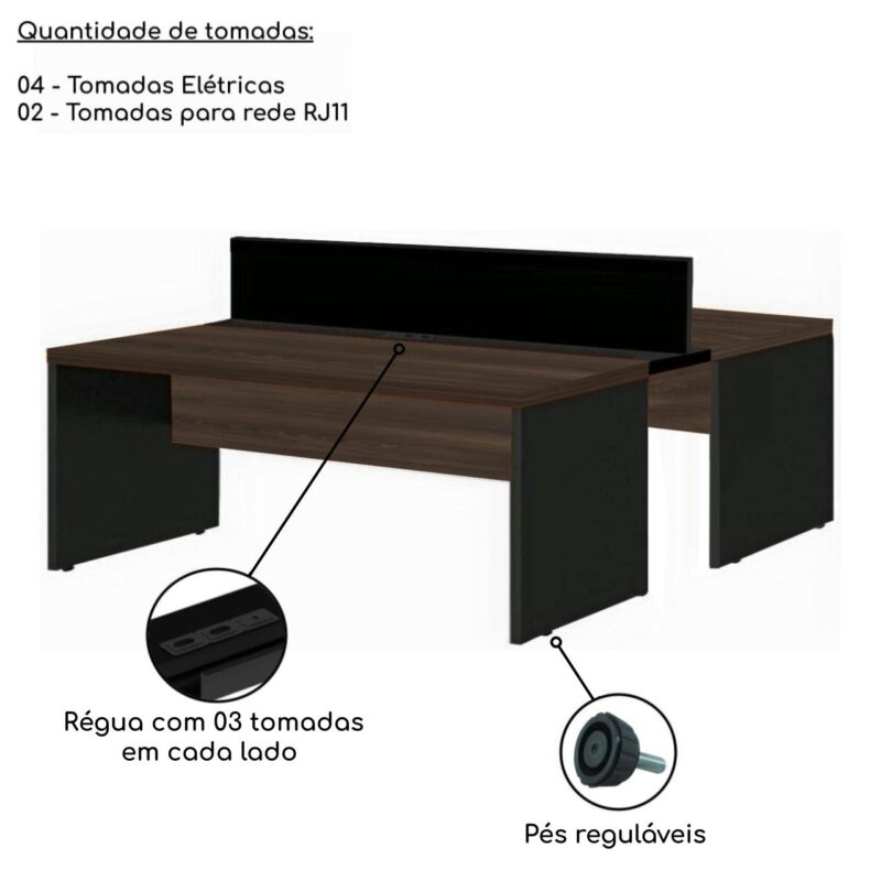 Estação de Trabalho Dupla 1,20×1,35m 02 Lugares S/ Gavetas c/ ponto de tomada MARSALA/PRETO – 63089 JL CADEIRAS 4