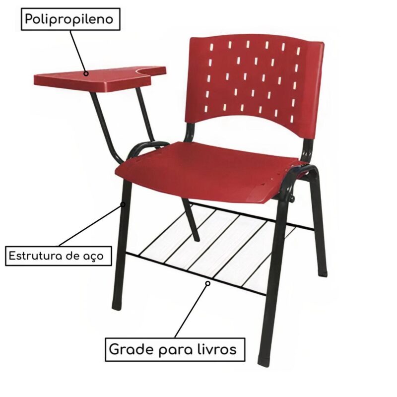 Cadeira Universitária PRANCHETA PLÁSTICA com Porta Livros – Cor Vermelho 32020 JL CADEIRAS 2