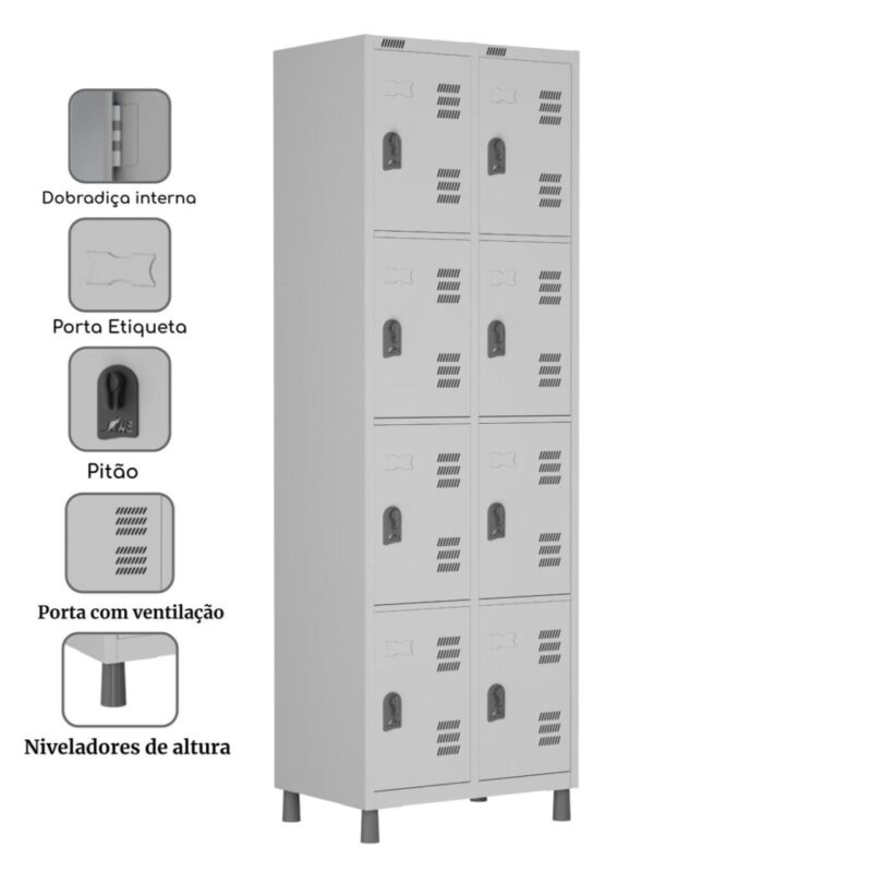 Roupeiro LOCKER de Aço c/ 08 Portas PEQUENAS – 1,90×0,64×0,40m – CZ/CZ – W3 – 11017 JL CADEIRAS 3