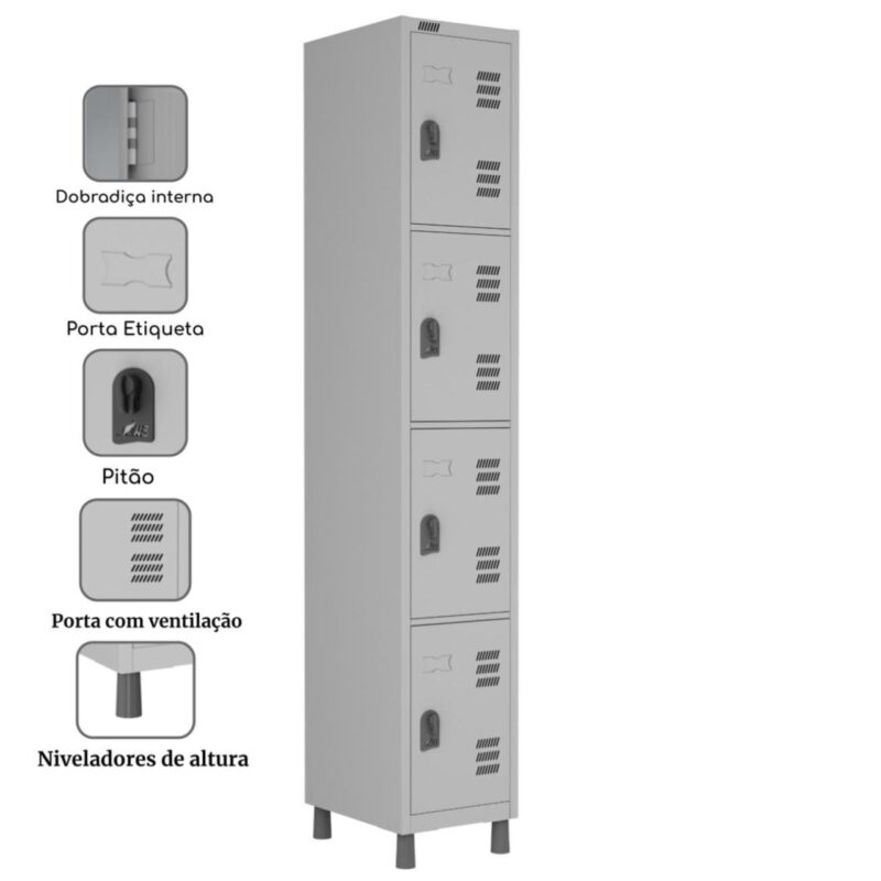 Roupeiro LOCKER de Aço c/ 04 Portas Pequenas – 1,90×0,32×0,40m – W3 – CZ/CZ 11016 JL CADEIRAS 2