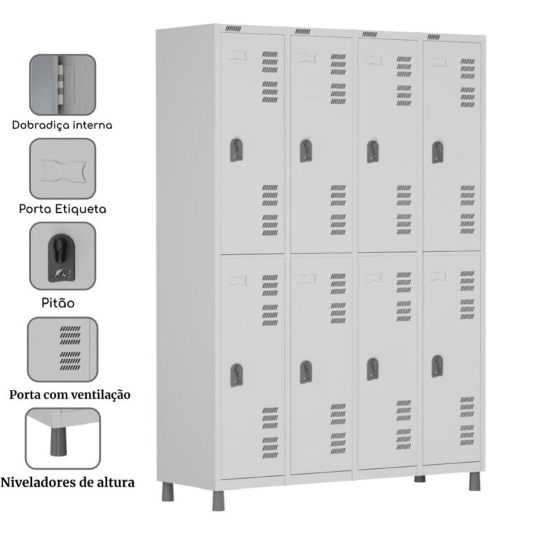 Roupeiro LOCKER de Aço c/ 08 PORTAS GRANDES – 1,90×1,28×0,40m – CZ/CZ – W3 – 11015 JL CADEIRAS 3