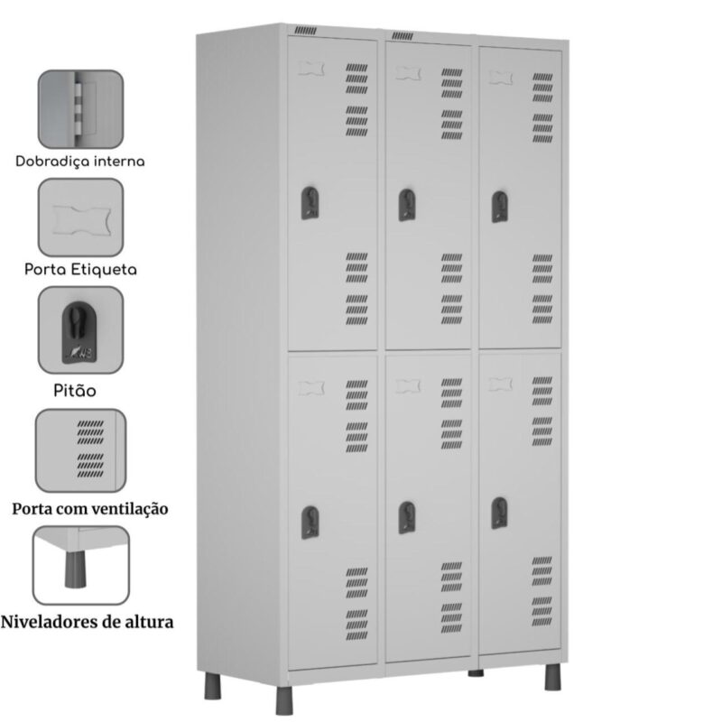 Roupeiro LOCKER de Aço c/ 06 PORTAS GRANDES – 1,90×0,96×0,40m – CZ/CZ – W3 – 11014 JL CADEIRAS 2