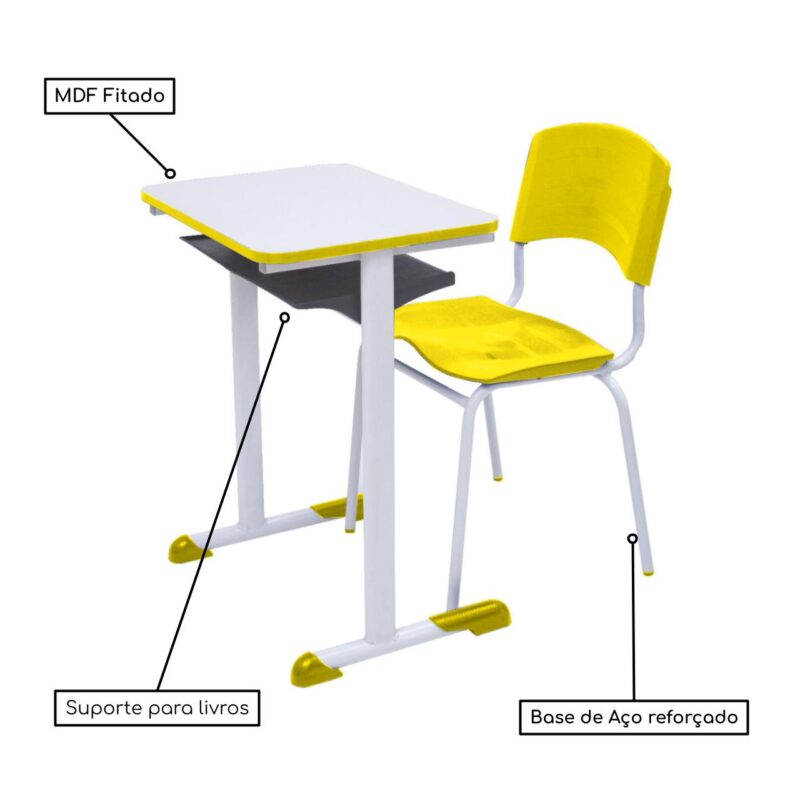 Kit Escolar Individual AMARELO – (Mesa e Cadeira) – ADULTO – MADEIRA – COR AMARELO – 40098 JL CADEIRAS 3