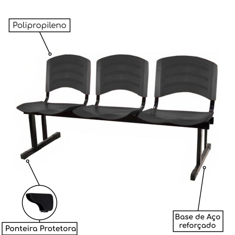 Kit 05 Cadeiras Longarinas PLÁSTICA 03 Lugares – Cor PRETO 33034 JL CADEIRAS 3