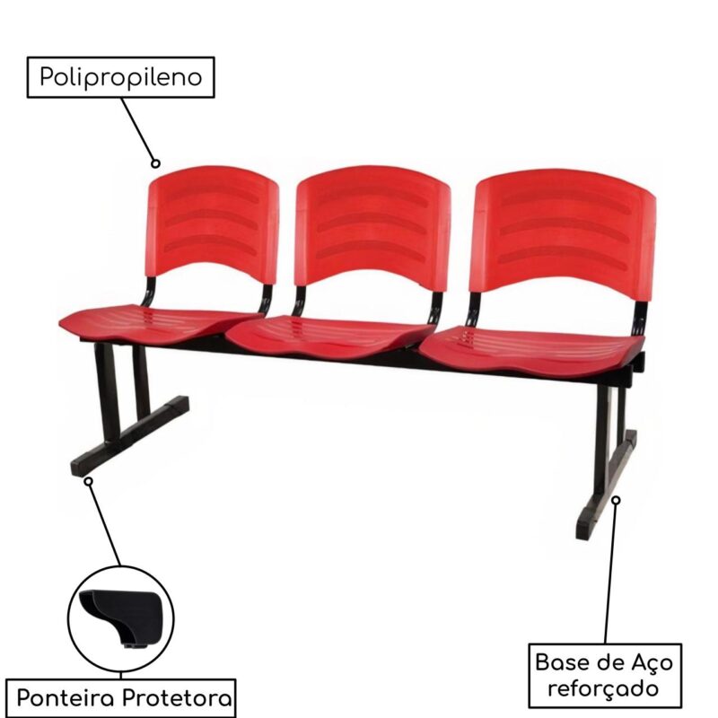 Kit 05 Cadeiras Longarinas PLÁSTICAS 03 Lugares – Cor Vermelho 33043 JL CADEIRAS 3