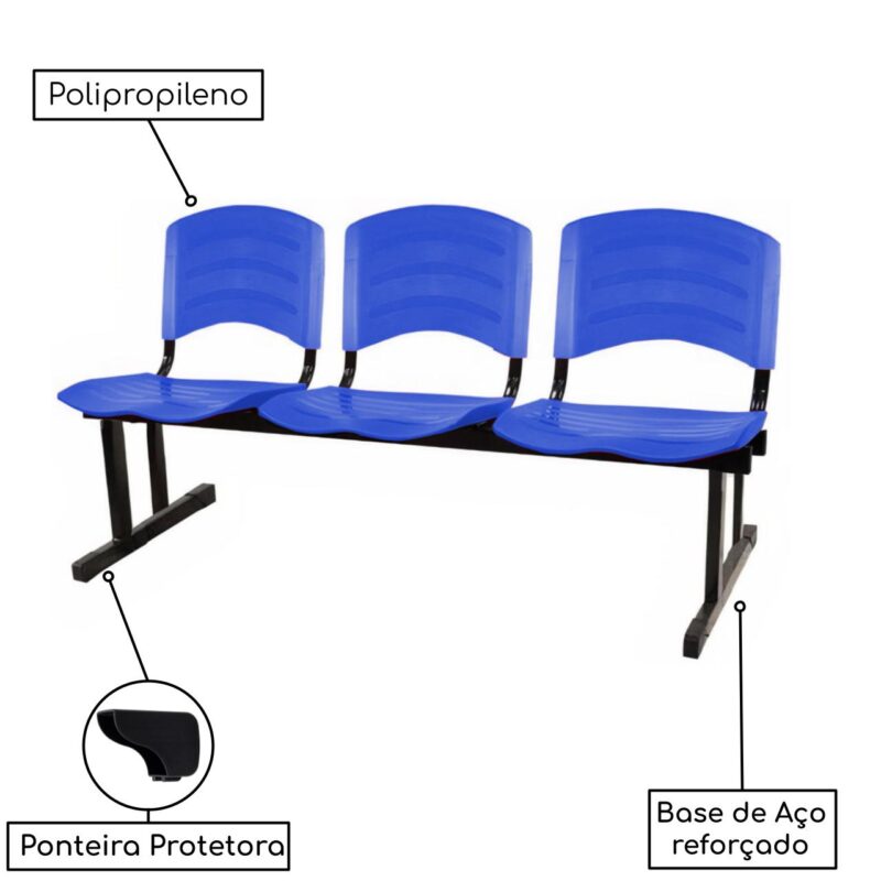 Kit 05 Cadeiras Longarinas PLÁSTICAS 03 Lugares – Cor Azul 33052 JL CADEIRAS 3