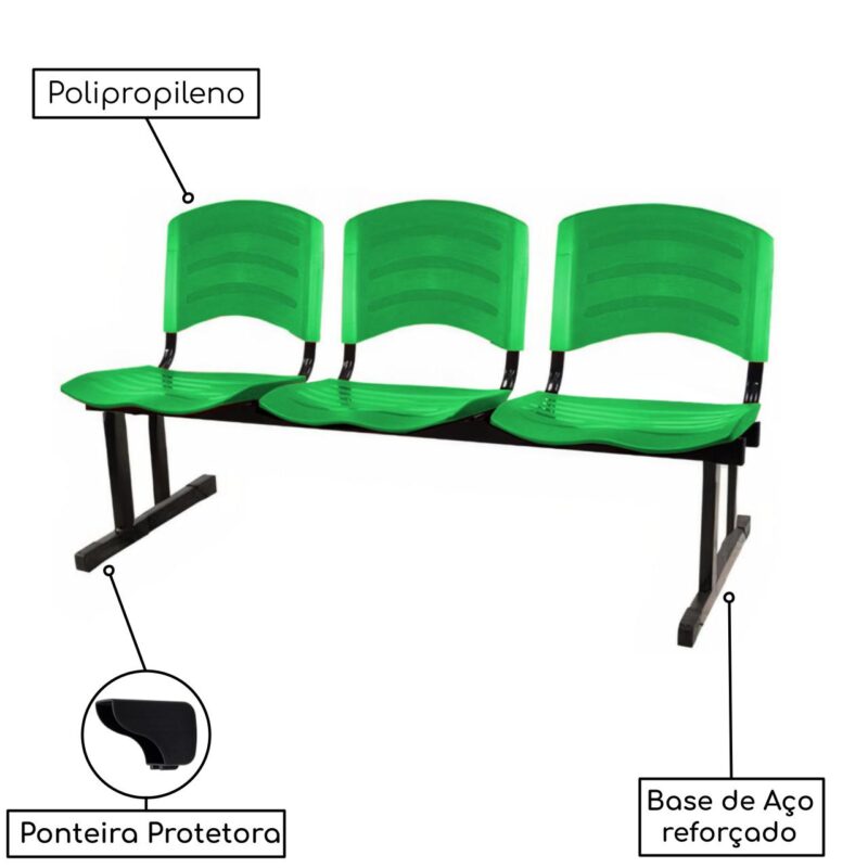 Kit 05 Cadeiras Longarinas PLÁSTICAS 03 Lugares – Cor Verde 33061 JL CADEIRAS 3