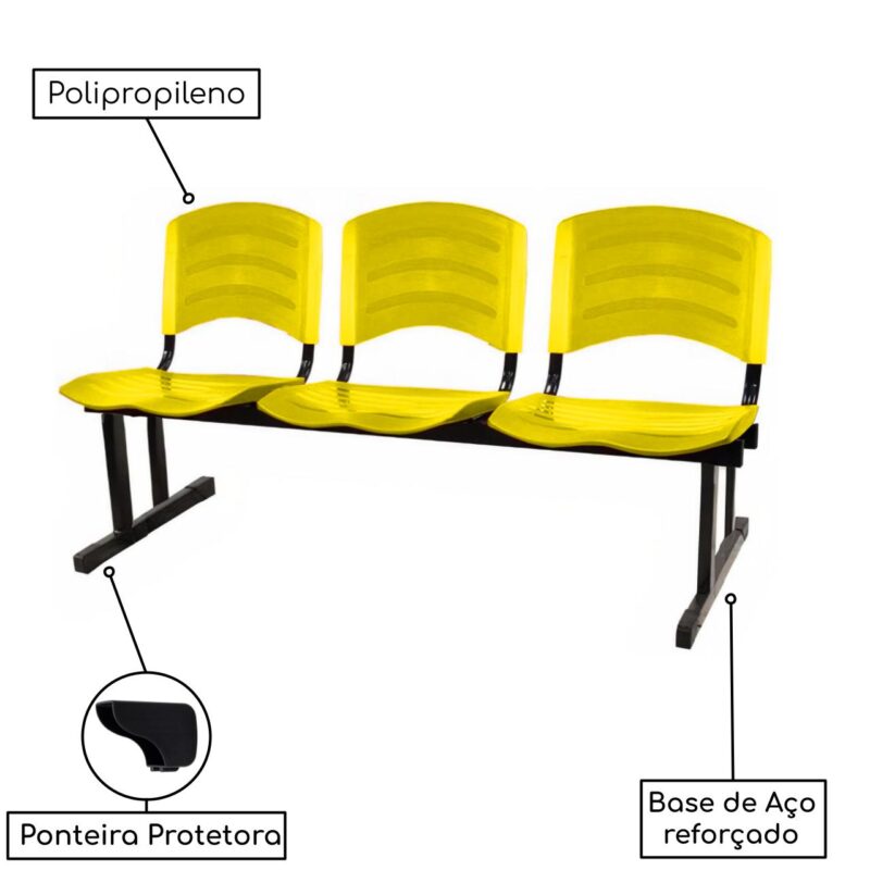 Kit 05 Cadeiras Longarinas PLÁSTICAS 03 Lugares – Cor Amarelo 33080 JL CADEIRAS 3