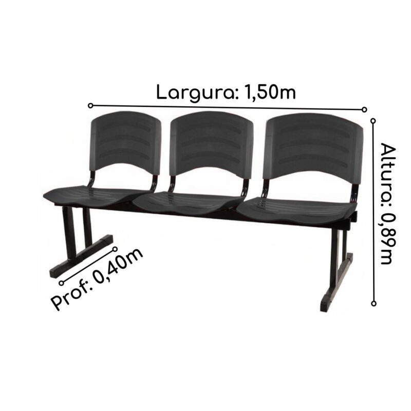 Kit 05 Cadeiras Longarinas PLÁSTICA 03 Lugares – Cor PRETO 33034 JL CADEIRAS 5