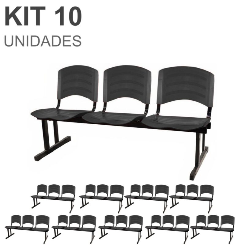 Kit 10 Cadeiras Longarinas PLÁSTICA 03 Lugares – Cor PRETO 33039 JL CADEIRAS