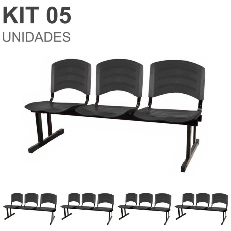 Kit 05 Cadeiras Longarinas PLÁSTICA 03 Lugares – Cor PRETO 33034 JL CADEIRAS