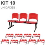 Kit 10 Cadeiras Longarinas PLÁSTICAS 03 Lugares – Cor Vermelho 33048 JL CADEIRAS 6