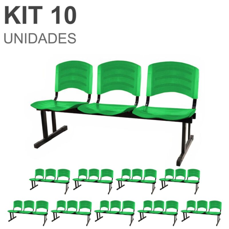 Kit 10 Cadeiras Longarinas PLÁSTICAS 03 Lugares – Cor Verde 33066 JL CADEIRAS