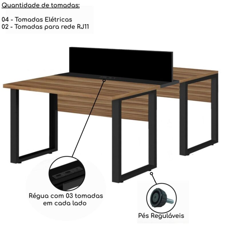 Estação de Trabalho Dupla 1,20×1,35m 02 Lugares s/ Gavetas c/ ponto de tomada PÉ QUADRO – Cor Nogal Sevilha – 63096 JL CADEIRAS 3