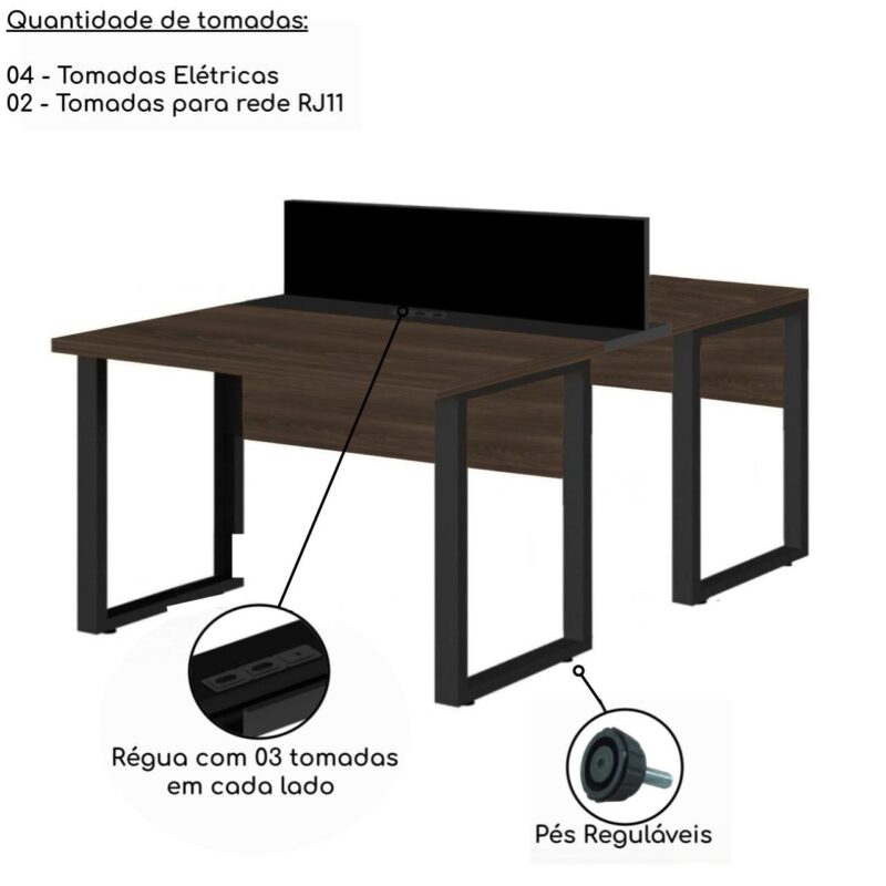 Estação de Trabalho Dupla 1,20×1,35m 02 Lugares S/ Gavetas c/ ponto de tomada PÉ QUADRO MARSALA/PRETO – 64000 JL CADEIRAS 2