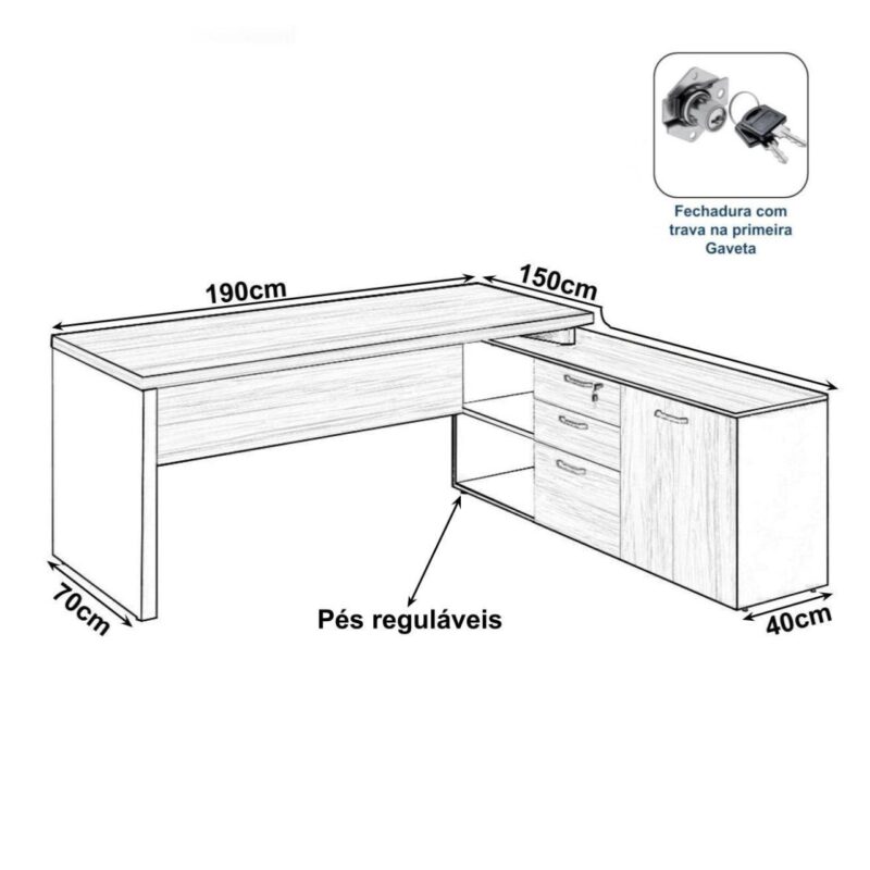 Mesa Diretorzinha c/ vidro c/ Aparador – Pé de MADEIRA – 1,90×1,50m – WORKSTART – MARSALA/PRETO – 23428 JL CADEIRAS 2