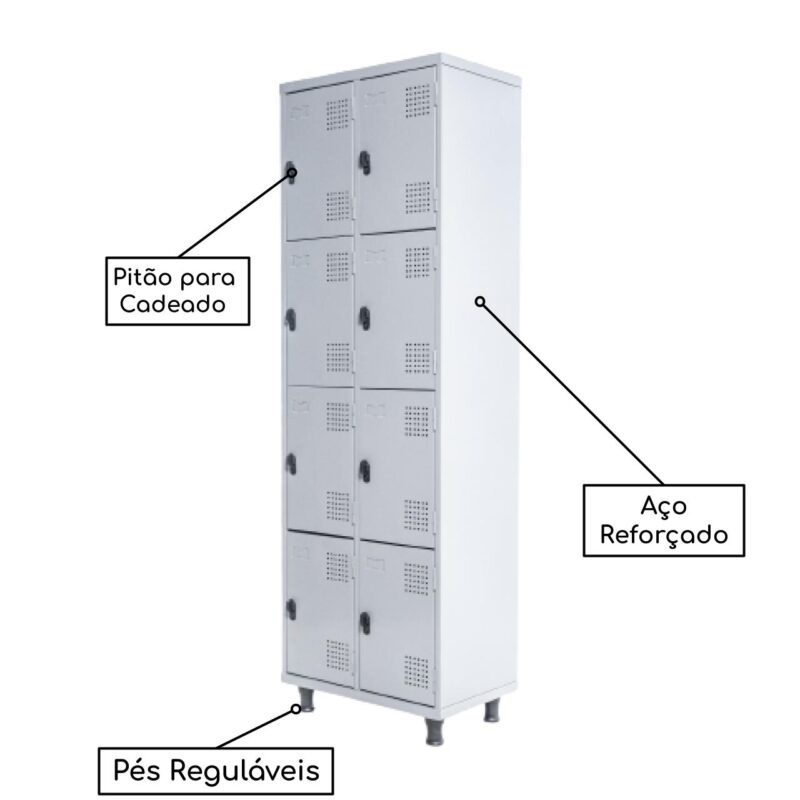 Armário Roupeiro de Aço c/ 08 Portas PEQUENAS 1,95×0,62×0,40m – SA – Cinza – 14002 JL CADEIRAS 2