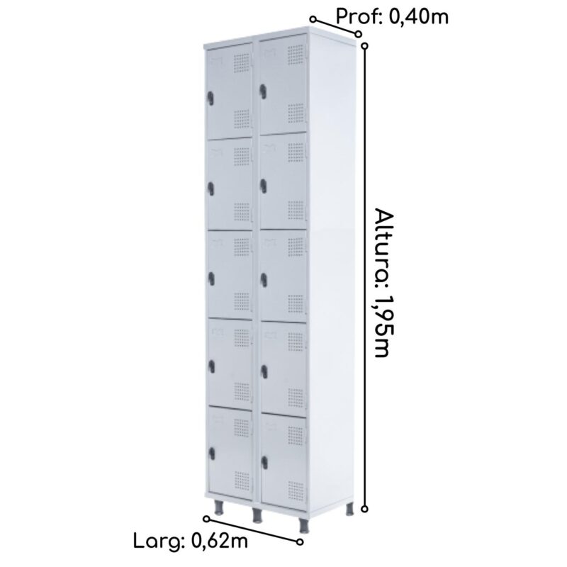 Armário Roupeiro de Aço c/ 10 Portas PEQUENAS – 1,95×0,62×0,40m – SA – CZ/CZ – 14010 JL CADEIRAS 2