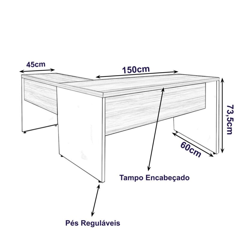 Mesa de Escritório em L (Mesa 1,50m + Mesa Auxiliar) – Sem Gavetas NOGAL SEVILHA/PRETO – 21476 JL CADEIRAS 2