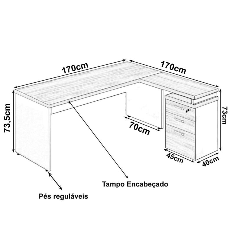 Mesa Escritório em “L” c/ Gaveteiro 1,70×1,60m NOGAL SEVILHA/PRETO – 21423 JL CADEIRAS 3