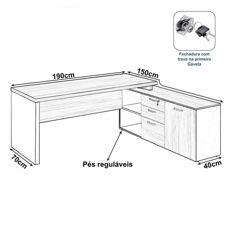 Mesa Diretorzinha c/ Aparador – Pé de MADEIRA – 1,90×1,50mNOGAL SEVILHA / PRETO – 21426 . JL CADEIRAS 2