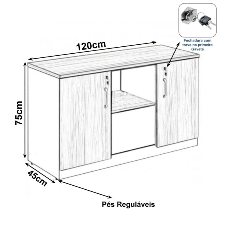 Armário Baixo Credenza – 1,20×0,74X0,45m NOGAL SEVILHA/PRETO – 21412 JL CADEIRAS 2