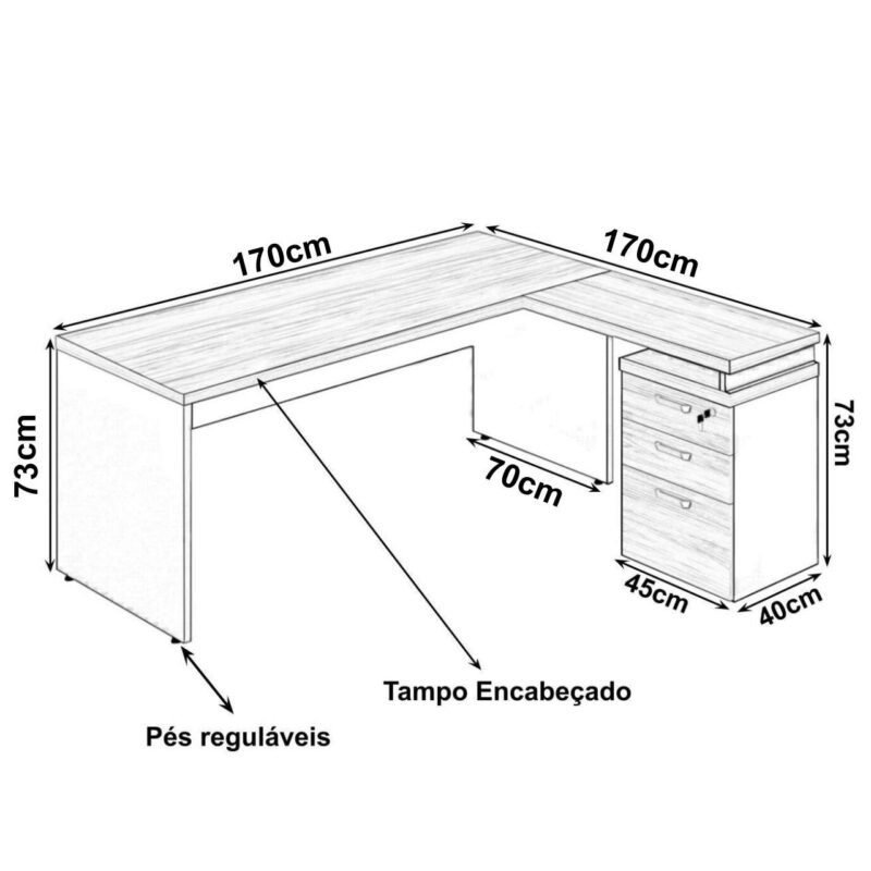 Mesa Escritório em “L” c/ Gaveteiro 1,70×1,60m Marsala/Preto – 23481 JL CADEIRAS 2